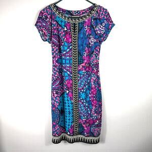 Beige by eci Dress 6 Embellished Neck Pink Blue Print Short Sleeve Stretch Bold